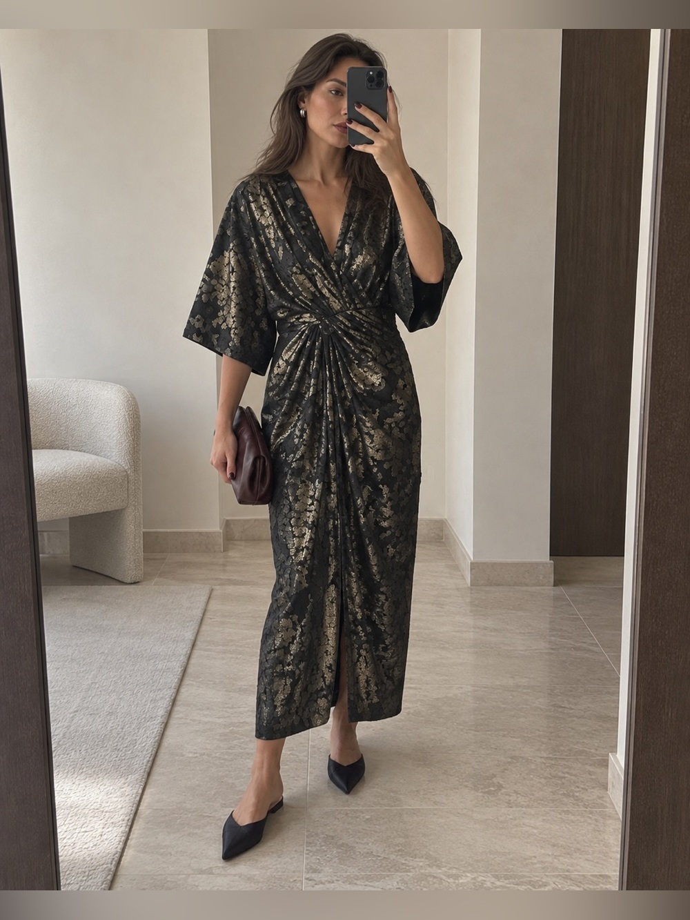 Zara Foil Draped Midi Dress Black Gold V-Neck Kimono Sleeve Size S NWT